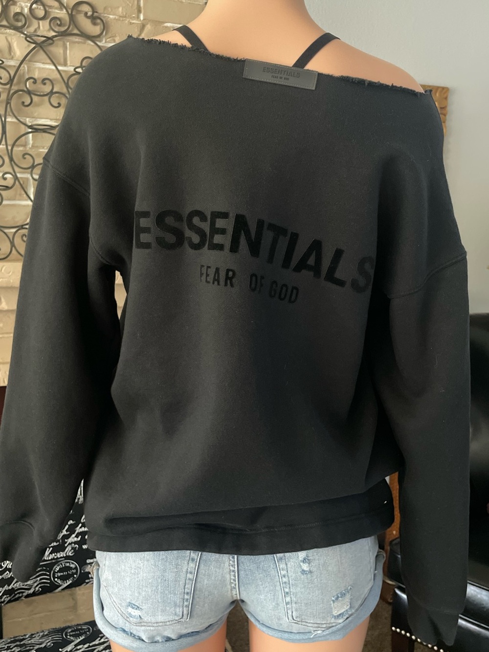 Upcycled Fear of God Essentials Off The Shoulder Black Sweatshirt XXS